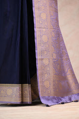Navy Blue Semi Satin Silk Saree with Contrast Violet Floral Gold Zari Border