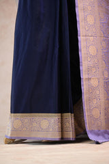 Navy Blue Semi Satin Silk Saree with Contrast Violet Floral Gold Zari Border