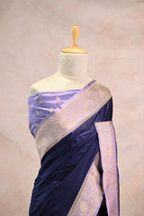 Navy Blue Semi Satin Silk Saree with Contrast Violet Floral Gold Zari Border