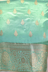 Bottle Green Semi Satin Silk Saree with Contrast Light Green Floral Gold Zari Border