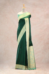 Bottle Green Semi Satin Silk Saree with Contrast Light Green Floral Gold Zari Border