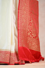 White Semi Satin Silk Saree with Contrast Red Floral Gold Zari Border