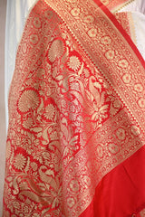 White Semi Satin Silk Saree with Contrast Red Floral Gold Zari Border