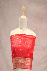 White Semi Satin Silk Saree with Contrast Red Floral Gold Zari Border