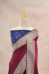 Maroon Semi Satin Silk Saree with Contrast Red Floral Gold Zari Border