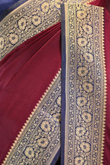 Maroon Semi Satin Silk Saree with Contrast Red Floral Gold Zari Border