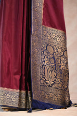 Maroon Semi Satin Silk Saree with Contrast Red Floral Gold Zari Border