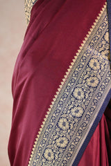 Maroon Semi Satin Silk Saree with Contrast Red Floral Gold Zari Border
