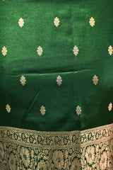 Green Semi Satin Silk Saree with Contrast Red Floral Gold Zari Border