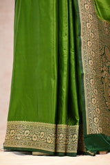 Green Semi Satin Silk Saree with Contrast Red Floral Gold Zari Border