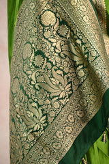 Green Semi Satin Silk Saree with Contrast Red Floral Gold Zari Border