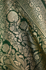 Green Semi Satin Silk Saree with Contrast Red Floral Gold Zari Border