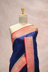 Blue Semi Satin Silk Saree with Contrast Red Floral Gold Zari Border
