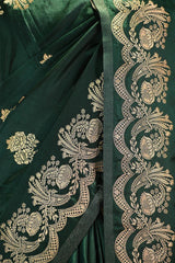 Bottle Green Semi Satin Silk Saree Gold Zari Woven and Floral Rose Motif