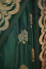 Bottle Green Semi Satin Silk Saree Gold Zari Woven and Floral Rose Motif