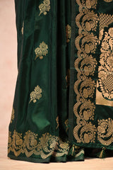 Bottle Green Semi Satin Silk Saree Gold Zari Woven and Floral Rose Motif