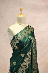 Bottle Green Semi Satin Silk Saree Gold Zari Woven and Floral Rose Motif