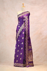 Purple Semi Satin Silk Saree Gold Zari Woven and Floral Rose Motif