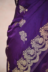 Purple Semi Satin Silk Saree Gold Zari Woven and Floral Rose Motif