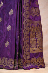 Purple Semi Satin Silk Saree Gold Zari Woven and Floral Rose Motif