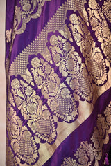 Purple Semi Satin Silk Saree Gold Zari Woven and Floral Rose Motif