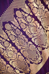 Purple Semi Satin Silk Saree Gold Zari Woven and Floral Rose Motif