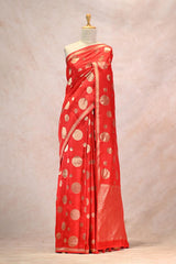 Red Viscose Semi Tussar Silk Saree with Gold Zari Woven Circular Motifs