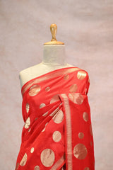 Red Viscose Semi Tussar Silk Saree with Gold Zari Woven Circular Motifs