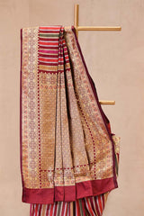 Brown Semi-Katan Silk Saree with Gold & Silver Stripes and Rich Zari Pallu