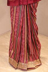 Brown Semi-Katan Silk Saree with Gold & Silver Stripes and Rich Zari Pallu