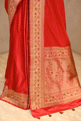 Red Semi Satin Silk Saree With Meenakari