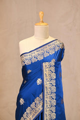 Royal Blue Semi satin Silk Saree with Golden Bird Butas
