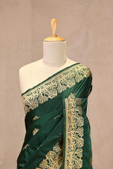 Bottle Green Semi satin Silk Saree with Golden Bird Butas