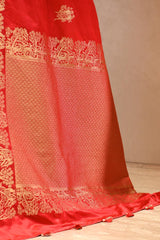 Red Semi satin Silk Saree with Golden Bird Butas
