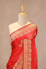 Red Semi satin Silk Saree with Golden Bird Butas