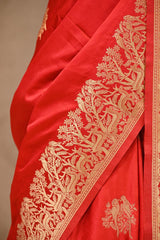 Red Semi satin Silk Saree with Golden Bird Butas