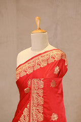 Red Semi satin Silk Saree with Golden Bird Butas