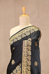 Black Semi Satin Silk Saree with Golden Bird Butas