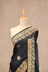 Black Semi Satin Silk Saree with Golden Bird Butas