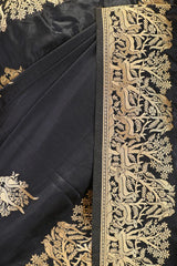 Black Semi Satin Silk Saree with Golden Bird Butas