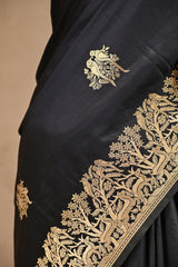 Black Semi Satin Silk Saree with Golden Bird Butas