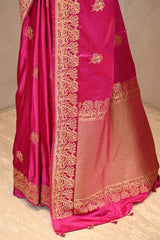 Rani Pink Semi Satin Silk Saree with Golden Bird Butas