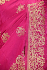 Rani Pink Semi Satin Silk Saree with Golden Bird Butas