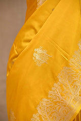 Yellow Semi satin Silk Saree with Golden Bird Butas