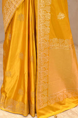 Yellow Semi satin Silk Saree with Golden Bird Butas