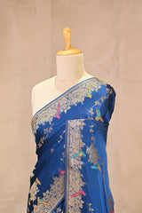 Teal Blue Semi Satin Silk Saree With Golden Floral Vines and Bird Motifs