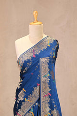 Teal Blue Semi Satin Silk Saree With Golden Floral Vines and Bird Motifs