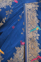 Teal Blue Semi Satin Silk Saree With Golden Floral Vines and Bird Motifs