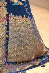Teal Blue Semi Satin Silk Saree With Golden Floral Vines and Bird Motifs