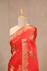 Crimson Red Semi Satin Silk Saree with Golden Floral Vines and Parrot Motifs
